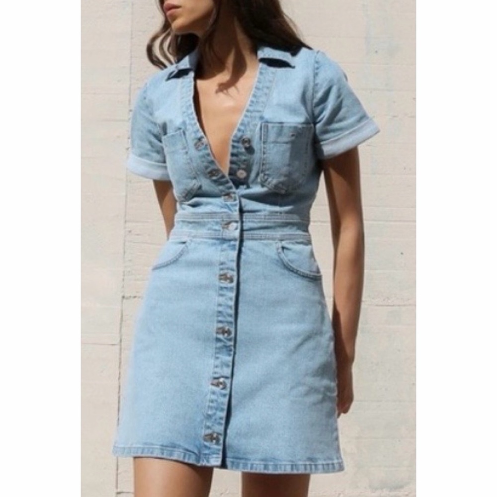 ZARA • Blue Light Wash Denim Button-Front Mini Dress, S